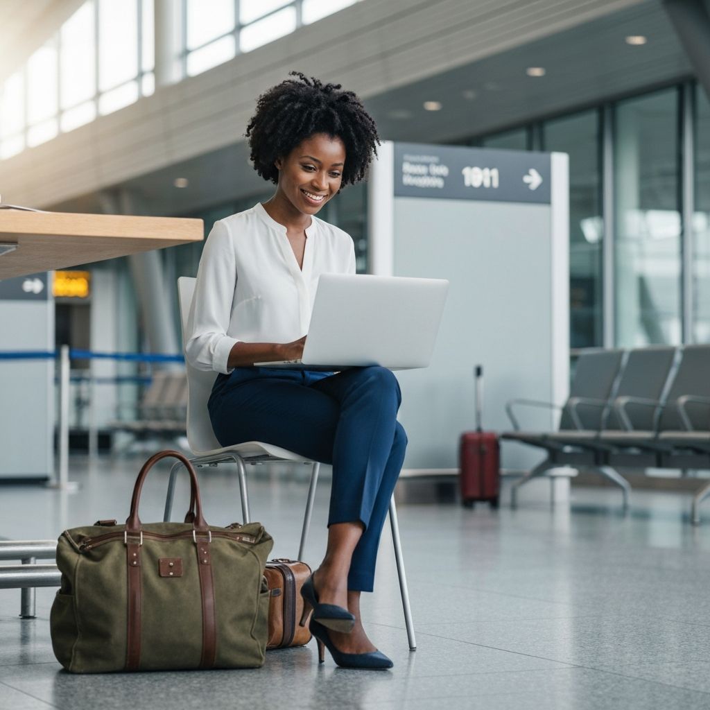 Professional travel entrepreneur working on laptop at airport